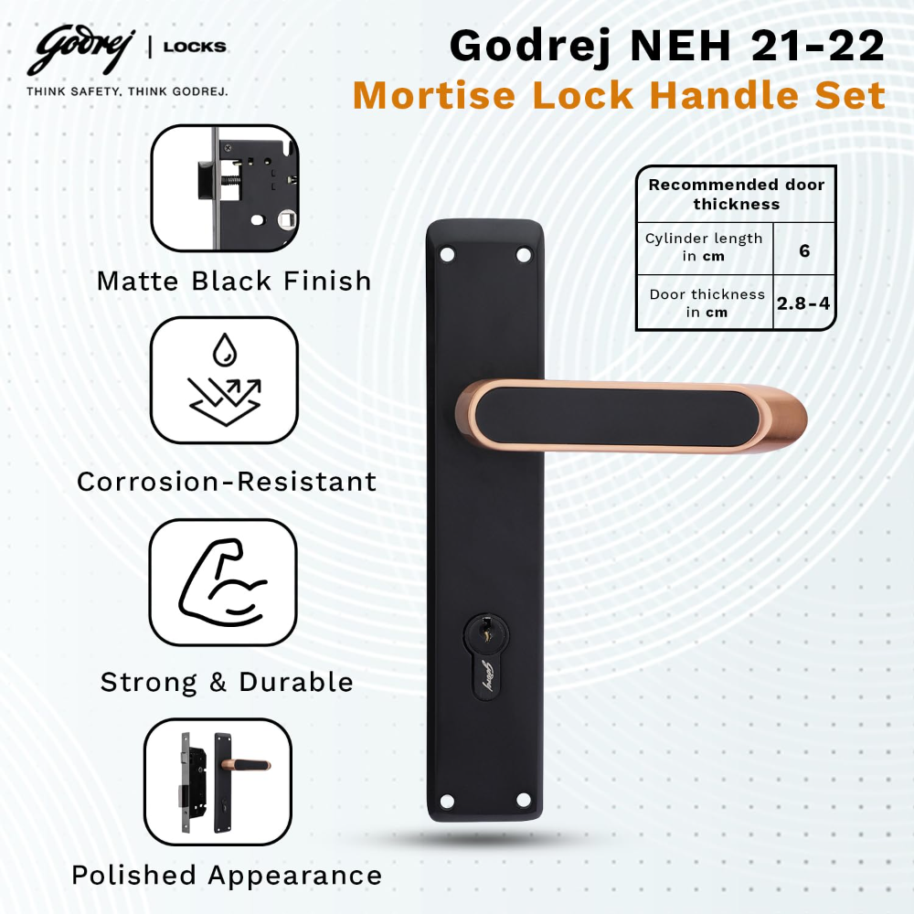 Godrej Mortise Lock|Handle Lock Set for Main & Internal Door of Home & Offices|NEH 21|Black Rose Finish|10 inch Lockbody|60mm Cylinder Key from Outside knob from Inside & 3 Keys|5 Years Warranty